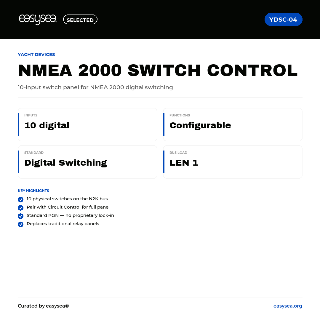 easysea Selected — Yacht Devices NMEA 2000 Switch Control YDSC-04 — Spec card