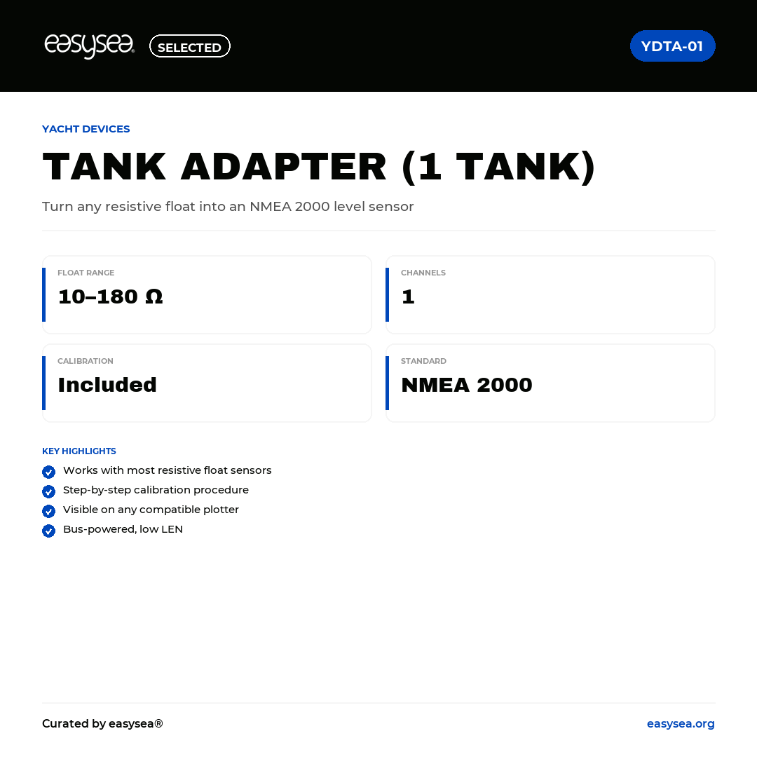 easysea Selected — Yacht Devices Tank Adapter (1 serbatoio) YDTA-01 — Spec card
