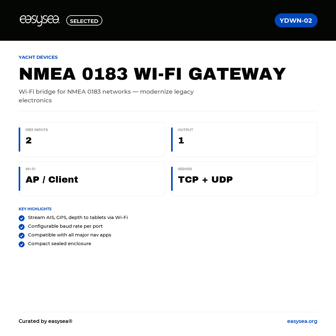 easysea Selected — Yacht Devices NMEA 0183 Wi-Fi Gateway YDWN-02 — Spec card