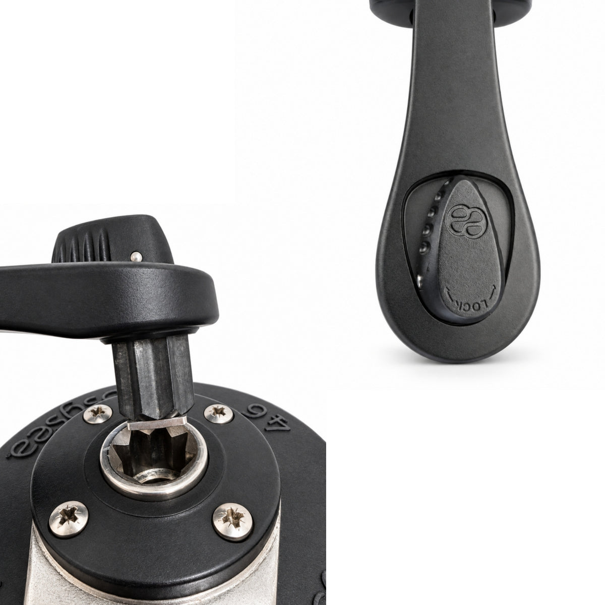 Macro details of the Flipper Max Carbon winch handle: standard star pin above the winch socket and the lock lever on the grip