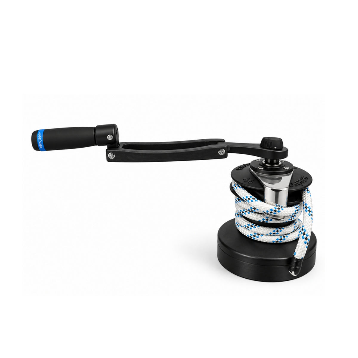 Flipper Max winch handle in extended position on a winch, long lever fully out for maximum leverage