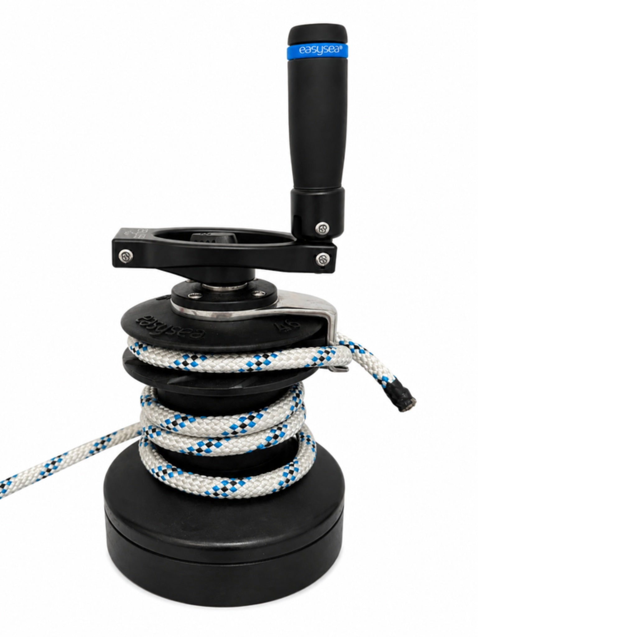 Flipper winch handle on a winch in half-open position, with the sheet wrapped on the drum