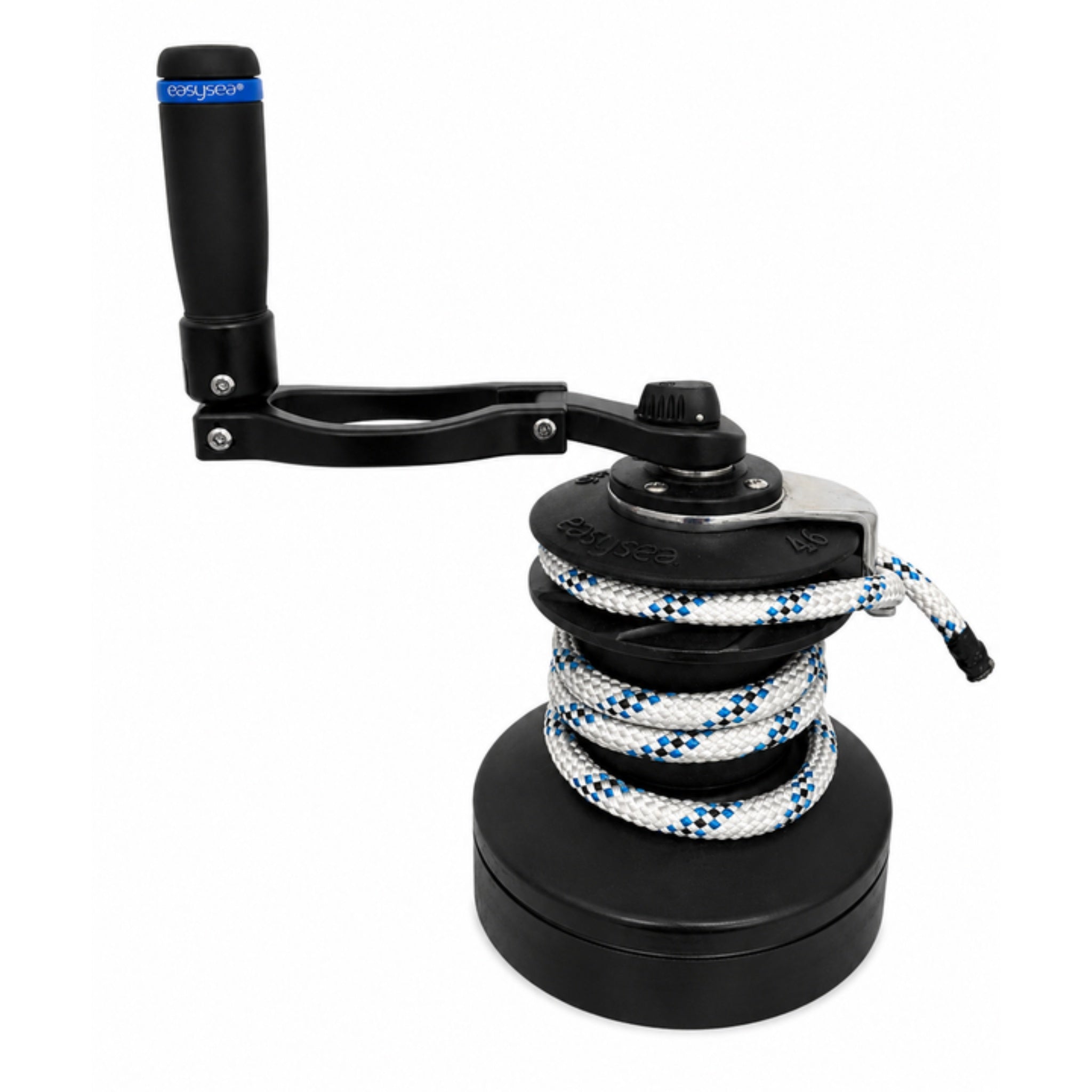 Flipper winch handle in open position on a winch, standard lever length for everyday trimming