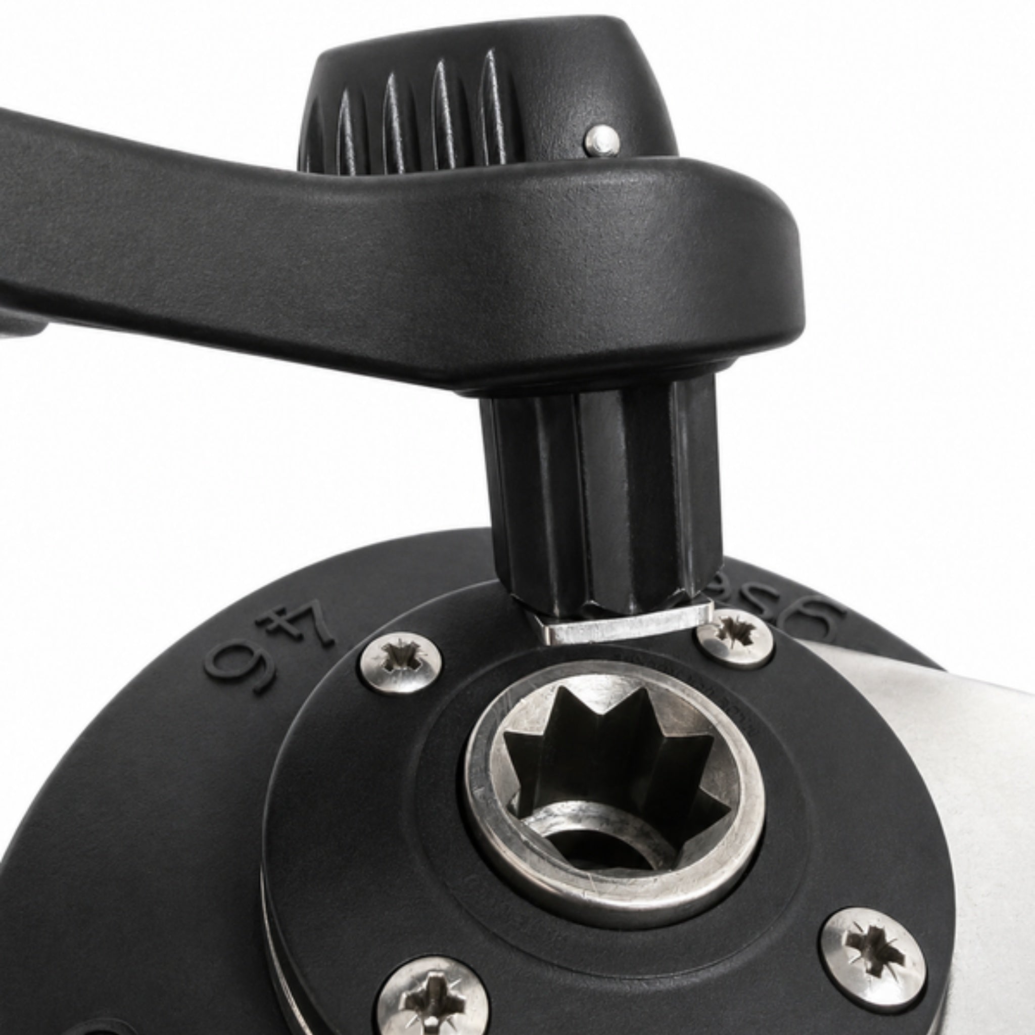 Macro detail of the standard star pin of the Flipper winch handle engaged in the winch socket