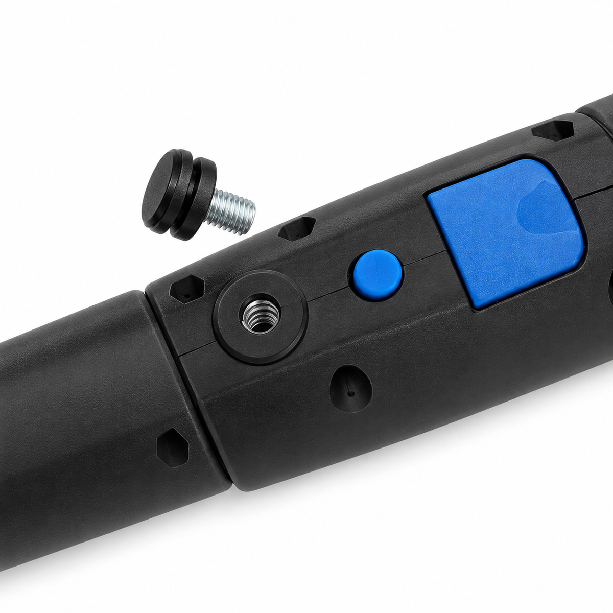 Jake pole Fidlock mount point with the threaded insert and the blue release button, macro detail
