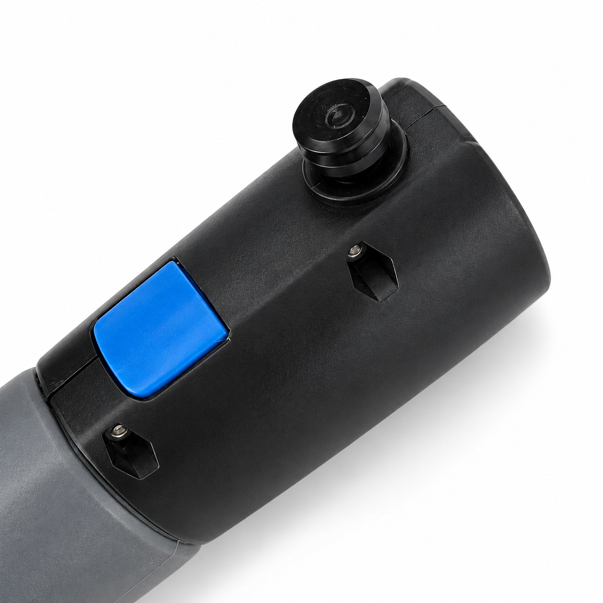 Jake pole end with the Fidlock magnetic pin and the blue quick-release button, macro detail