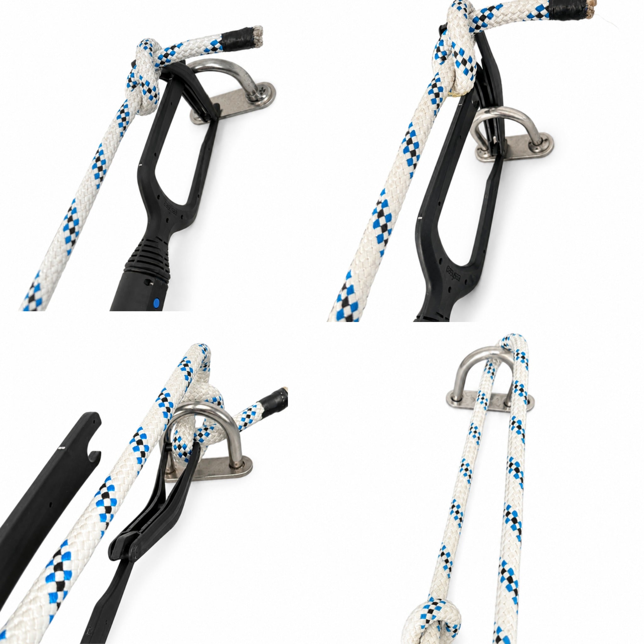 Four step sequence of a mooring line passed over a deck eye with the Jake line-passing head