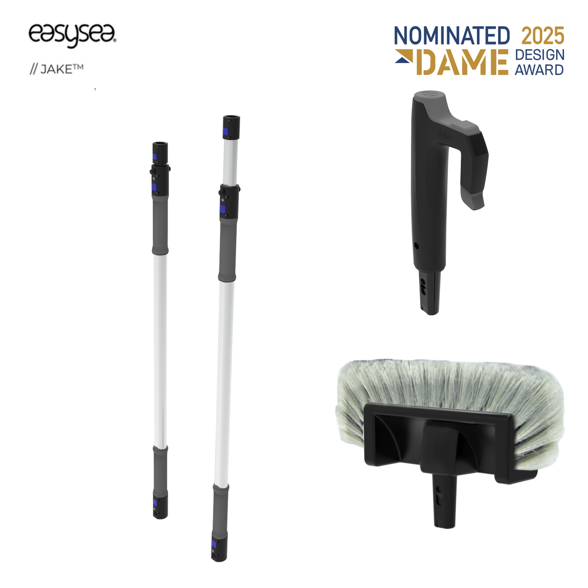 Jake Wash Kit contents, DAME Design Award 2025 nominee: telescopic pole, boat hook head, brush head