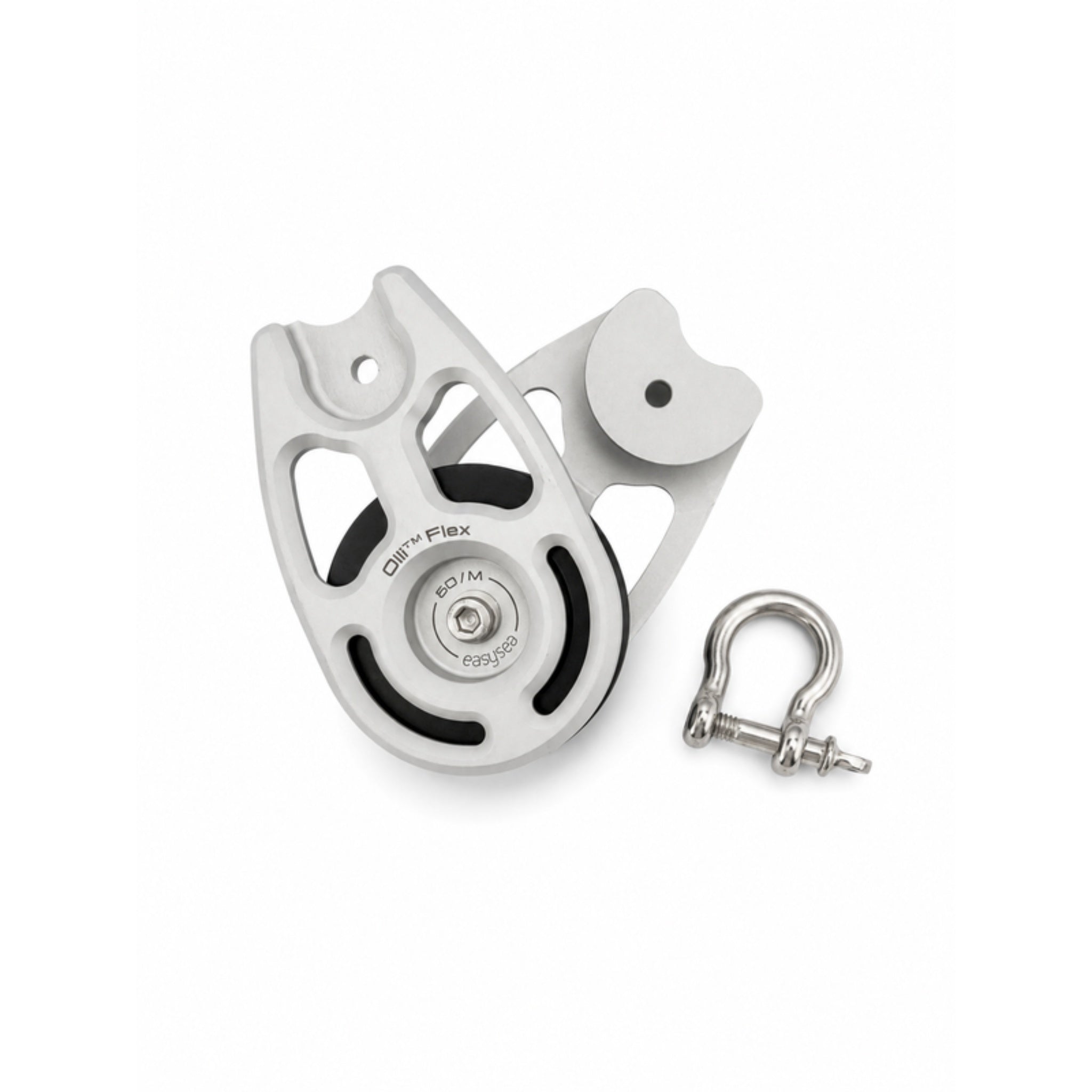 Exploded view of the Olli Flex 50 M block: body, openable cheek and stainless shackle
