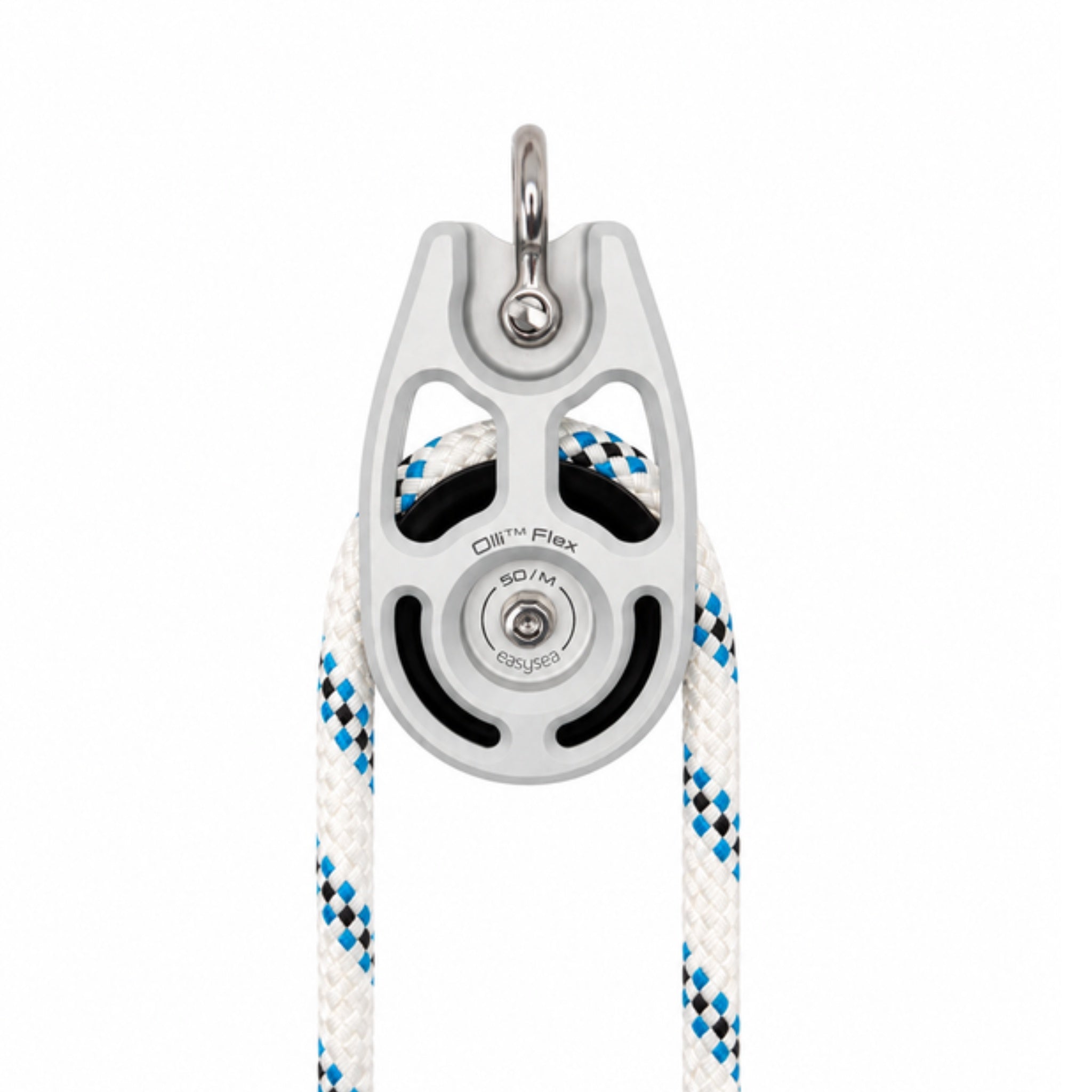 Olli Flex 50 M block with a braided line running through the sheave, front view
