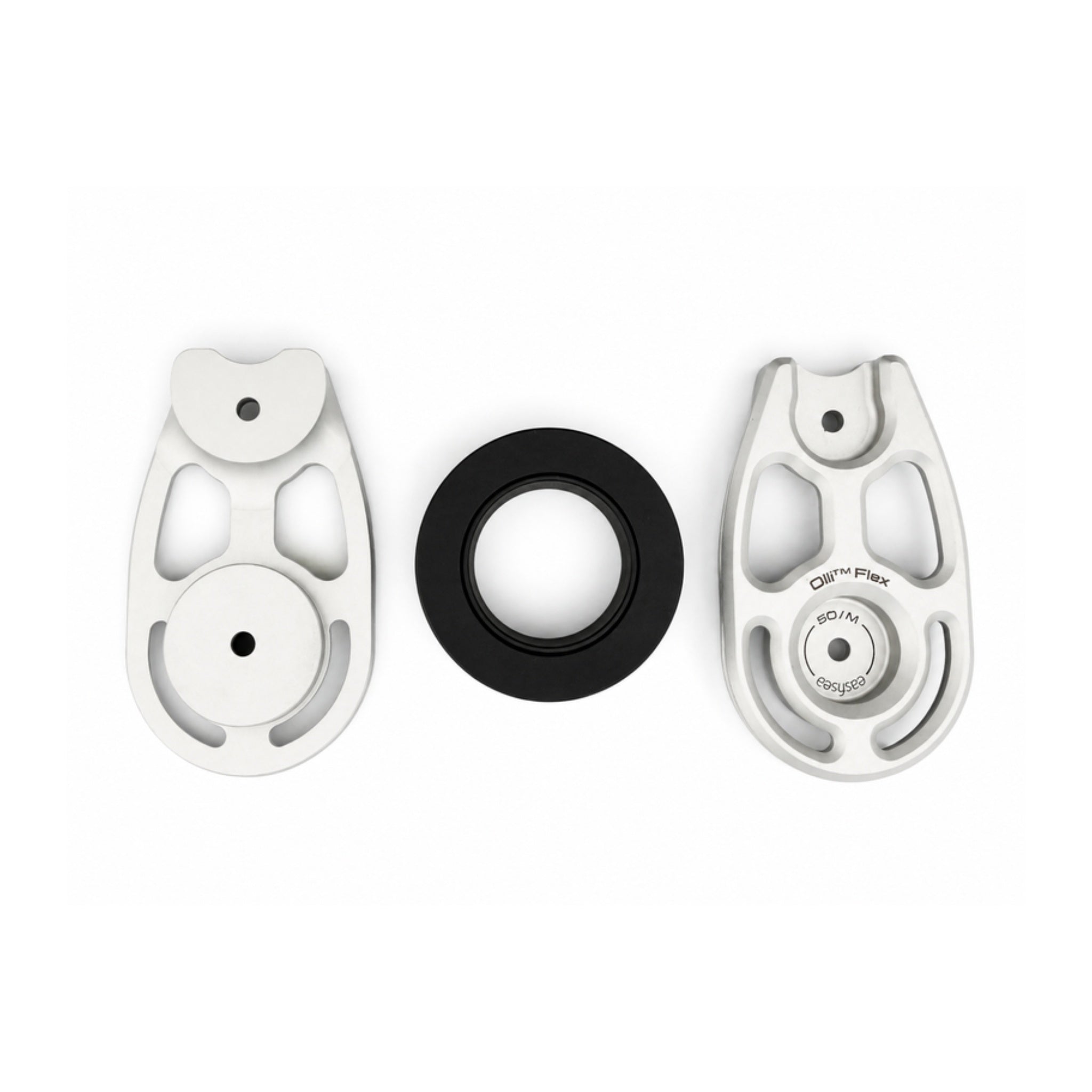 The three components of the Olli Flex 50 M laid out: cheek, POM sheave and body