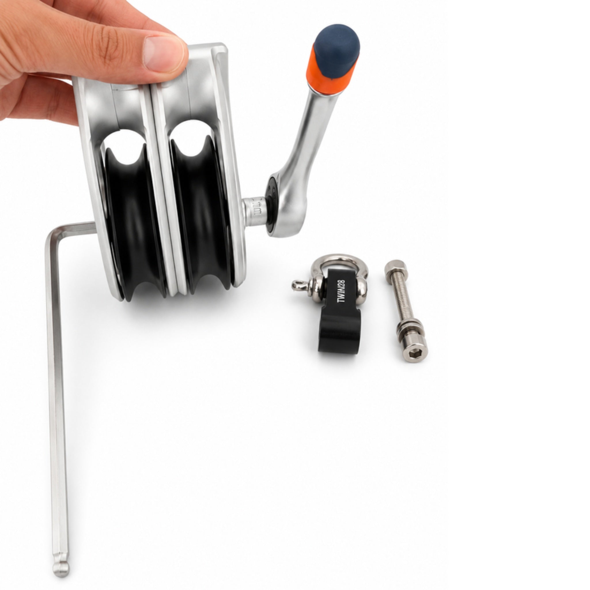 Olli Flex 50 M double block with the hex key, the ratchet, the shackle head and the through bolt used to reconfigure it