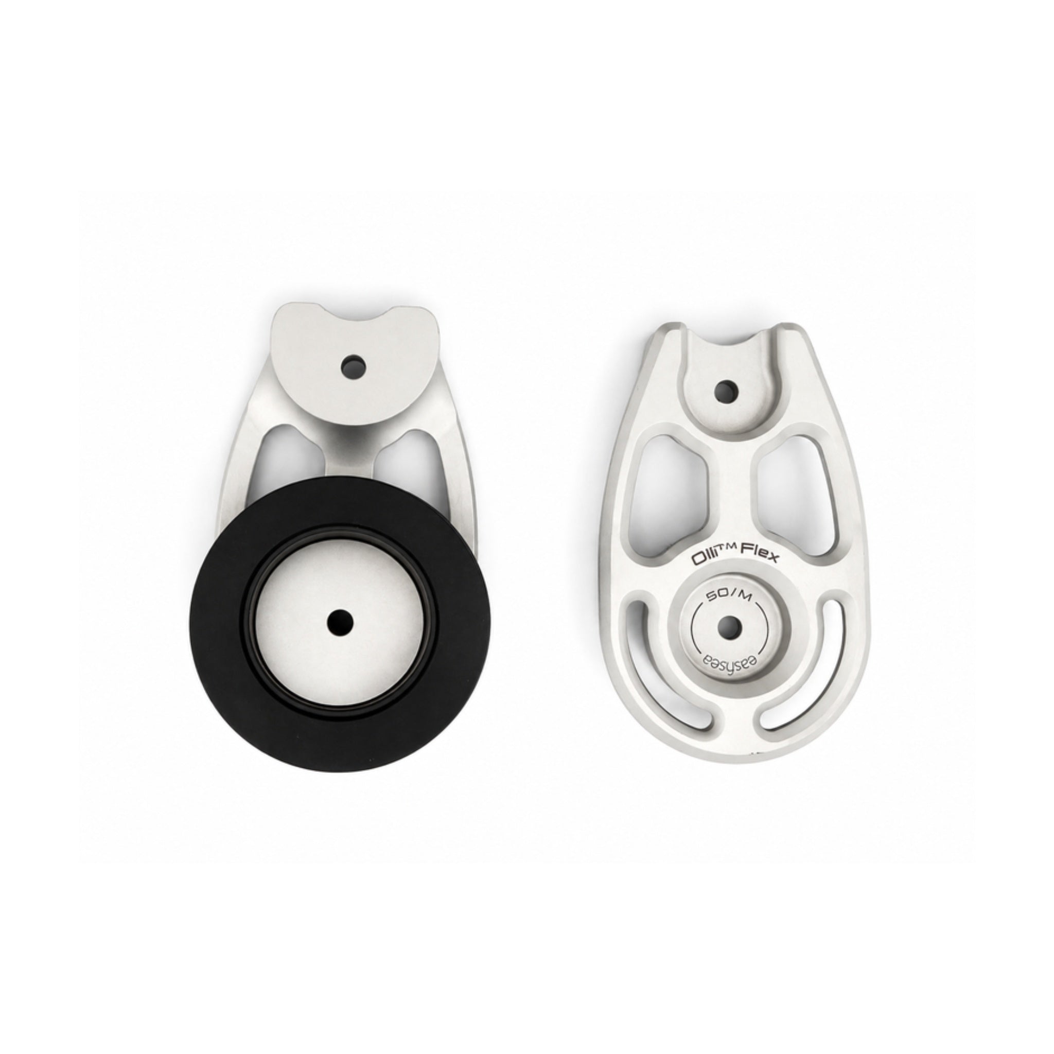 The self-lubricating POM sheave of the Olli Flex 50 M next to the machined aluminium body