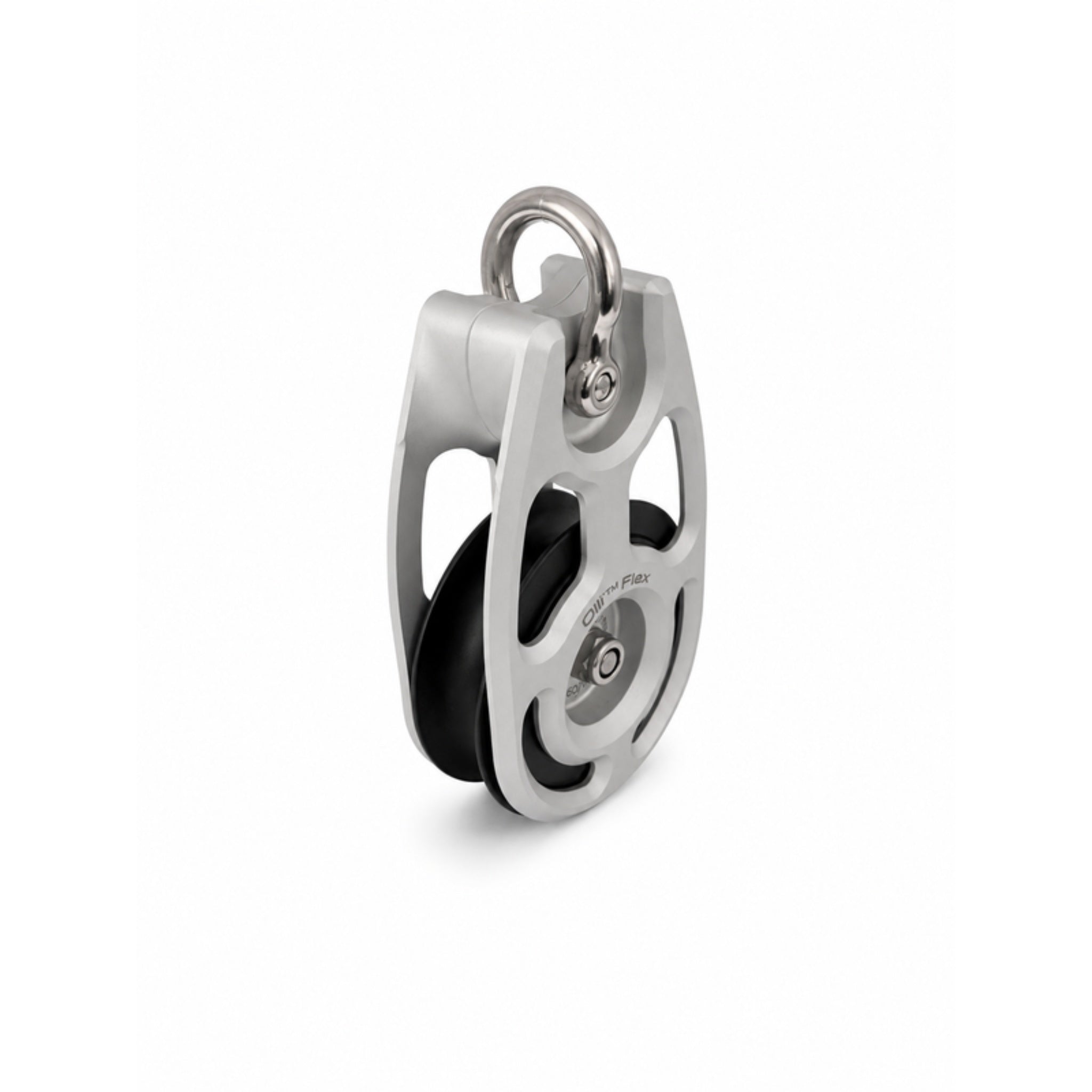 Olli Flex 50 M block at 45 degrees showing the anodised aluminium cheeks and the POM sheave