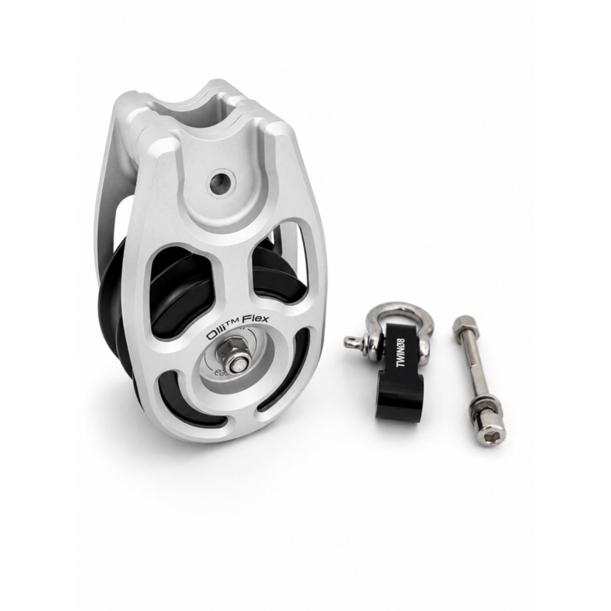 Olli Flex 50 M single block next to the conversion kit parts, the shackle head and the long through bolt