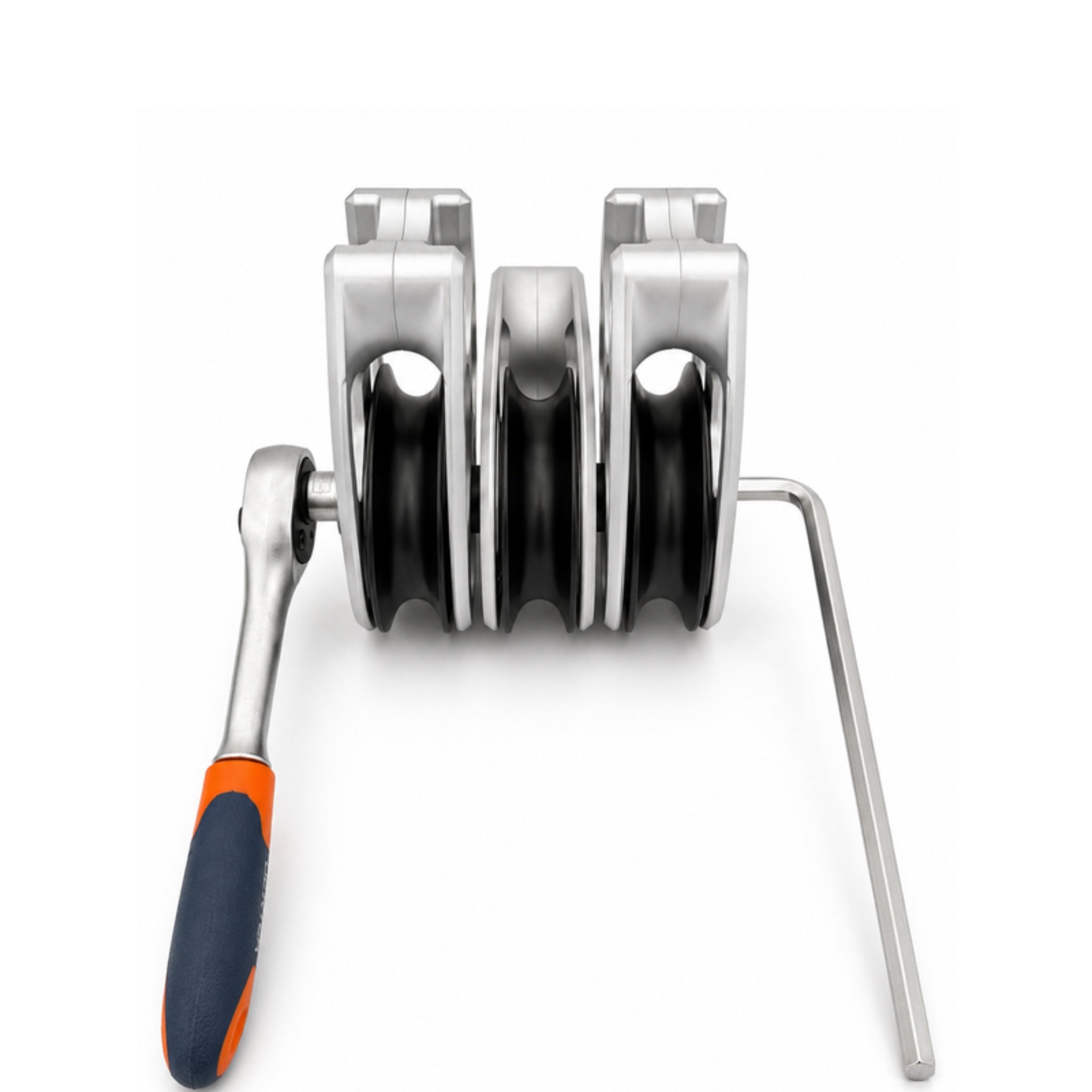 Olli Flex 50 M triple block with the hex key and ratchet used to assemble it, front view