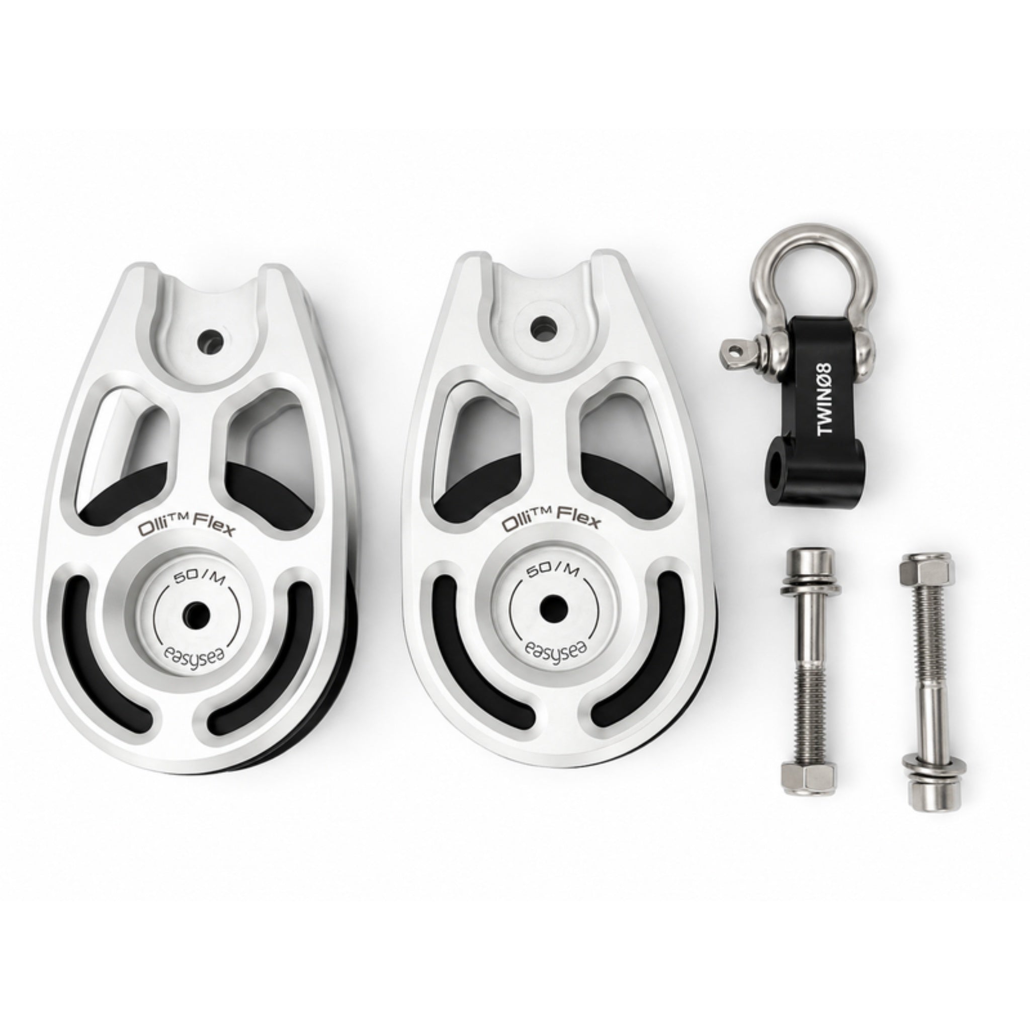 Two Olli Flex 50 M blocks with the stainless shackle and the two bolts needed to join them