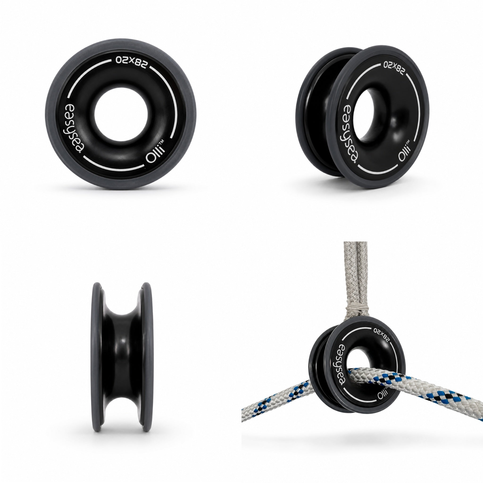 Overview of the Easysea Olli low friction ring: front view, 45 degrees, side profile and with rope installed