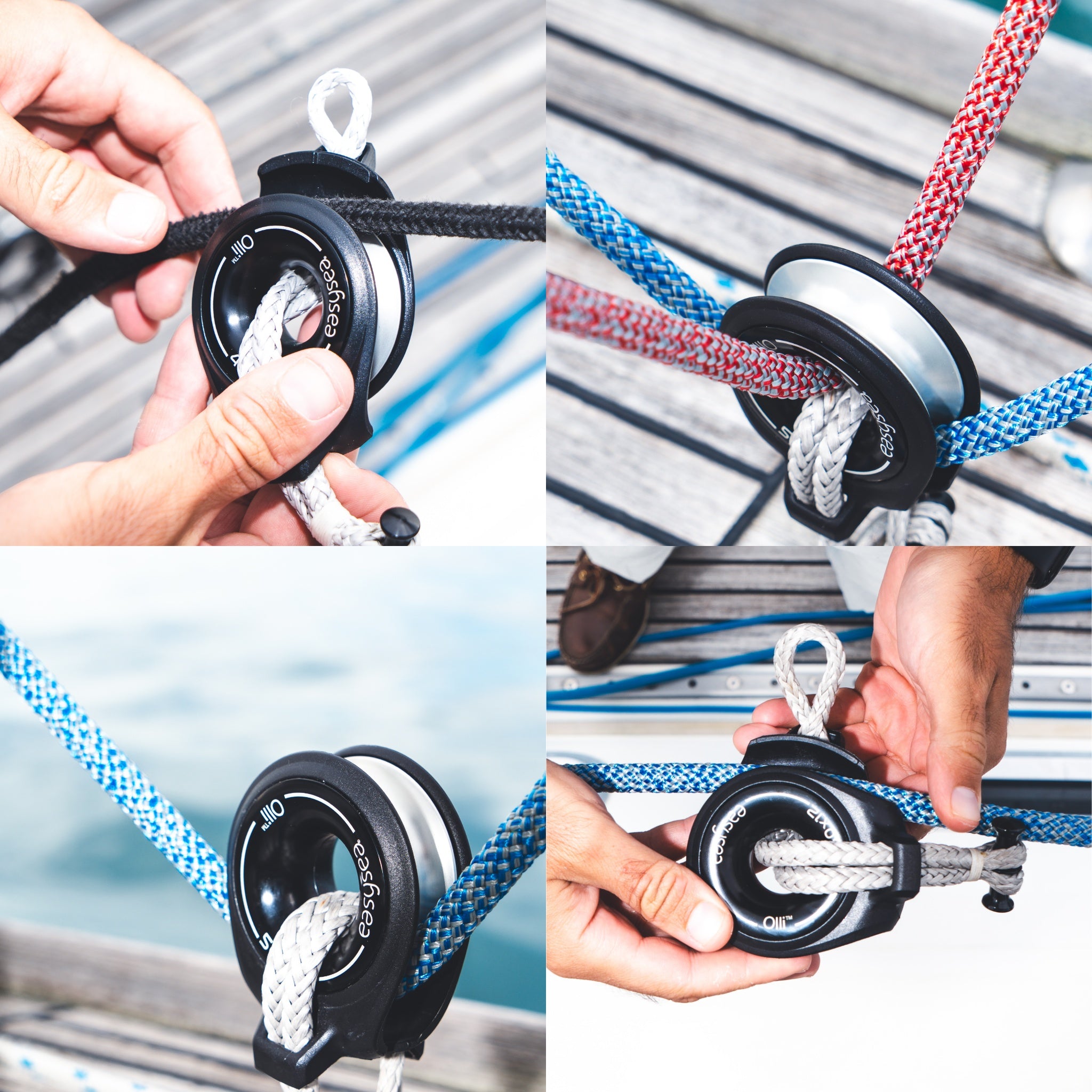 Four sailing applications of the Easysea Olli snatch block on board