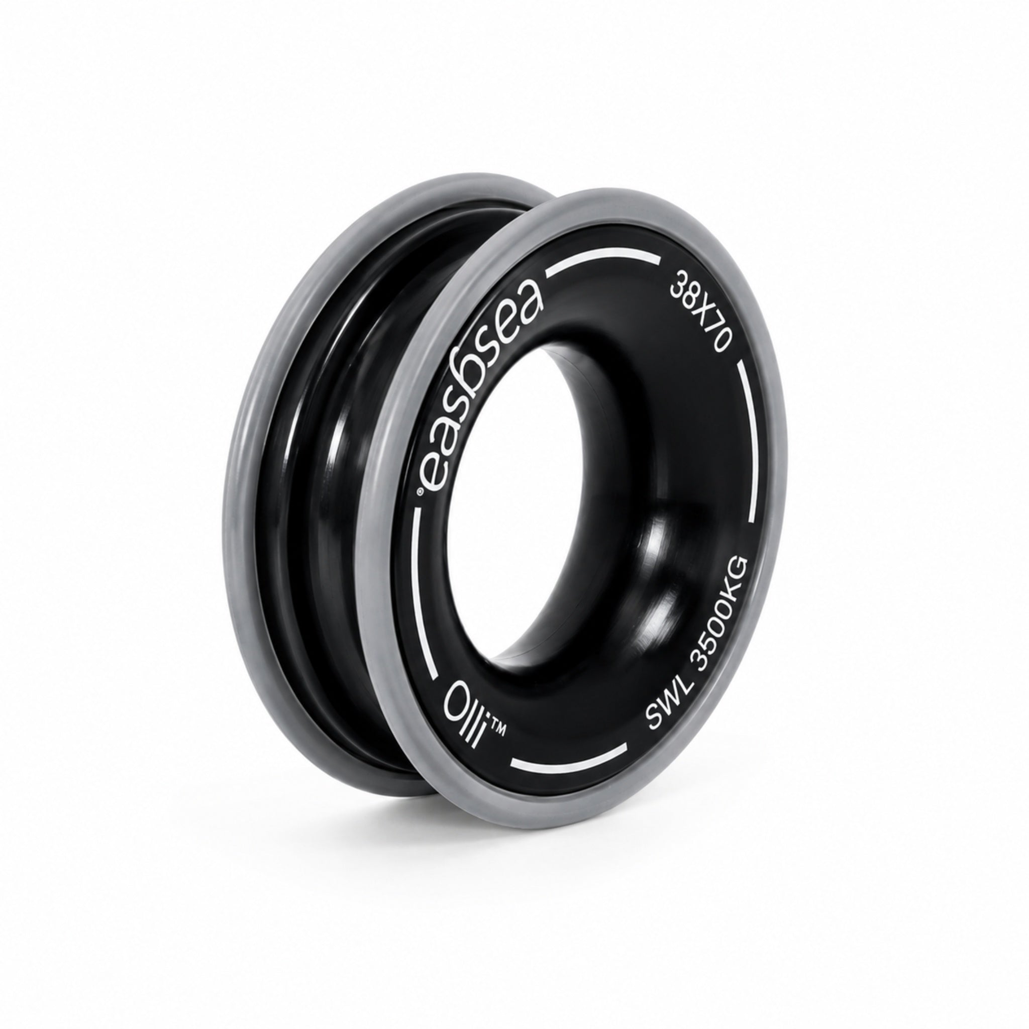 Olli solid ring at 45 degrees showing the mirror-polished body and the rubber edge