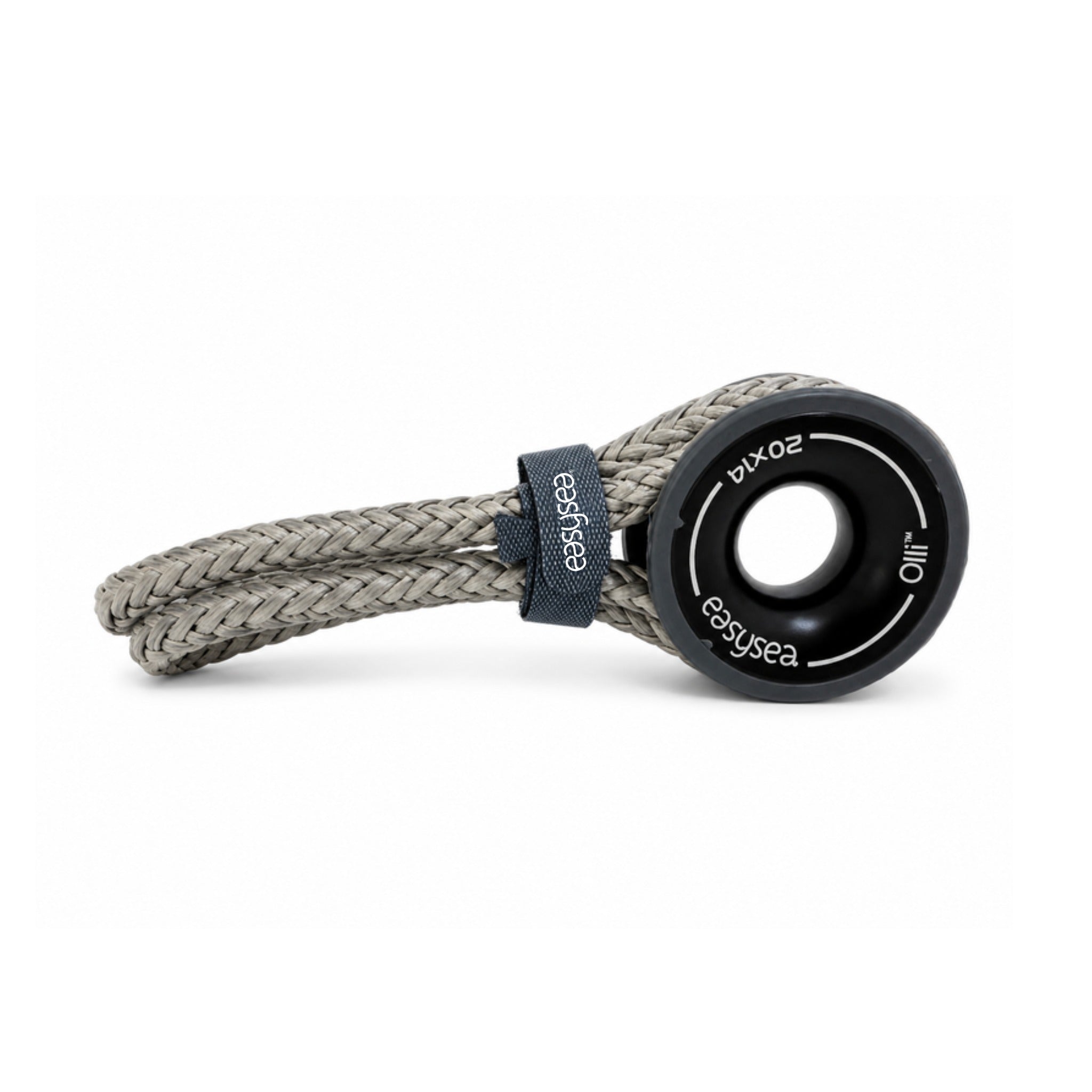 Sheathed loop in Dyneema holding an Olli 20x14 low friction ring, three quarter view