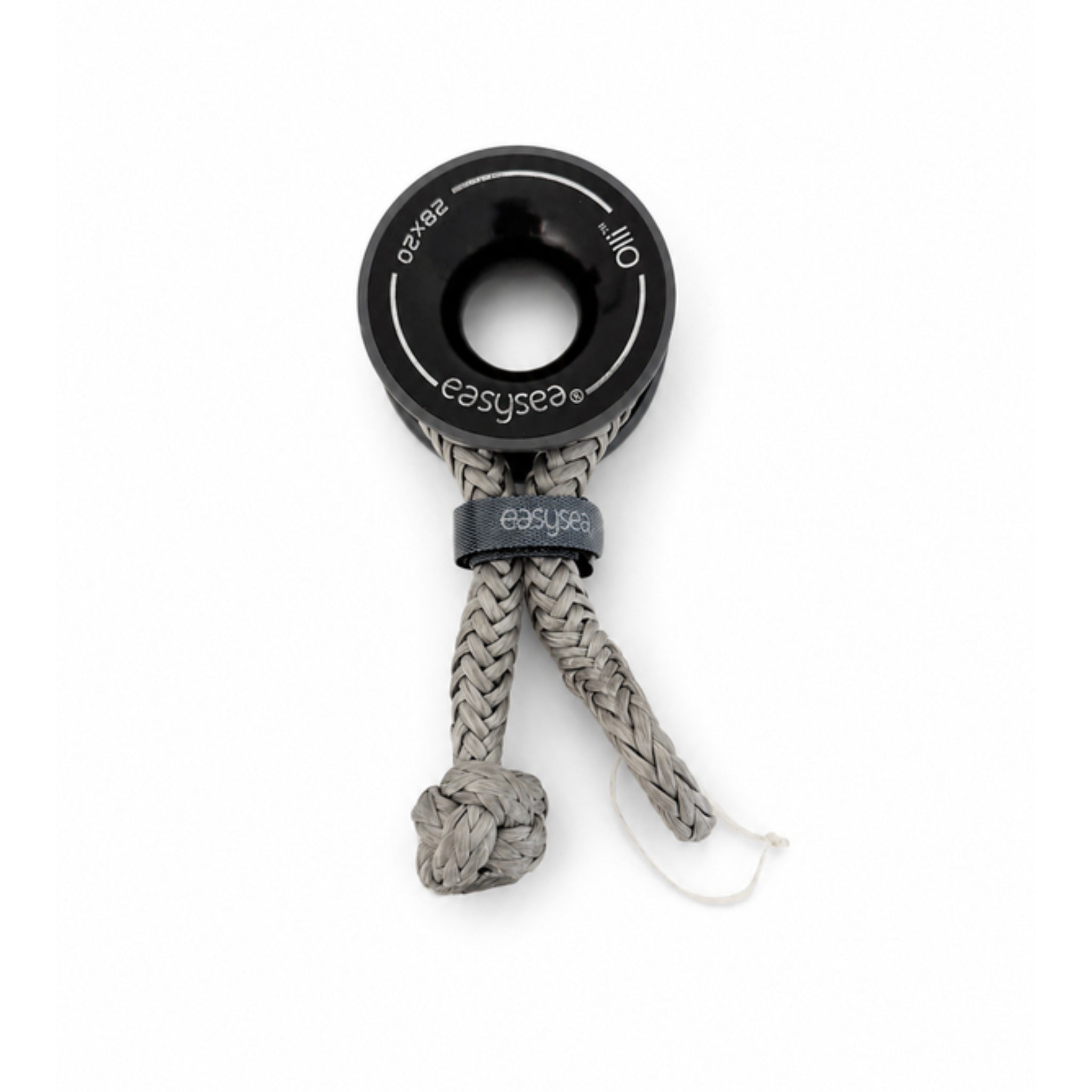 Close-up of the diamond knot of the soft shackle holding an Olli low friction ring
