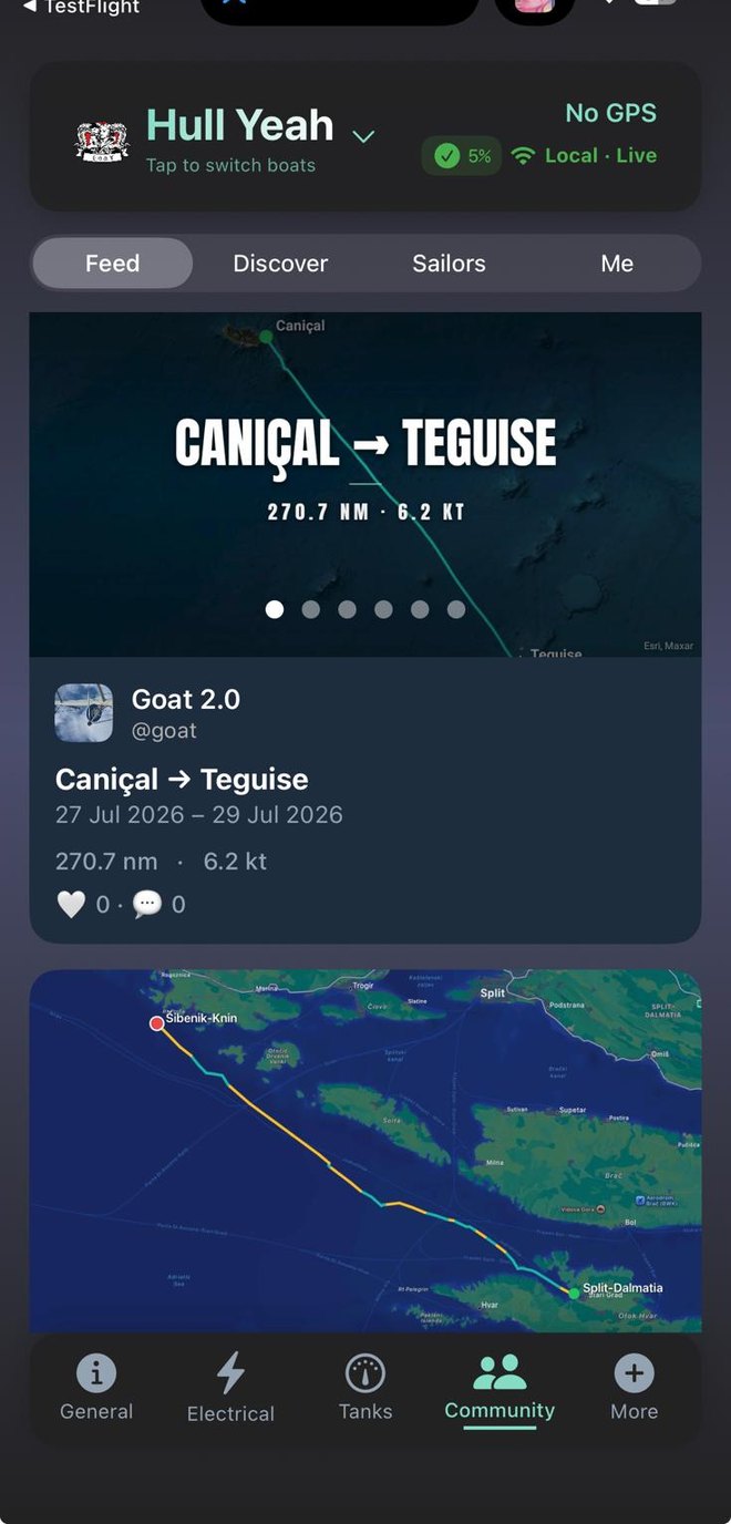 Community feed with the Caniçal Teguise voyage card